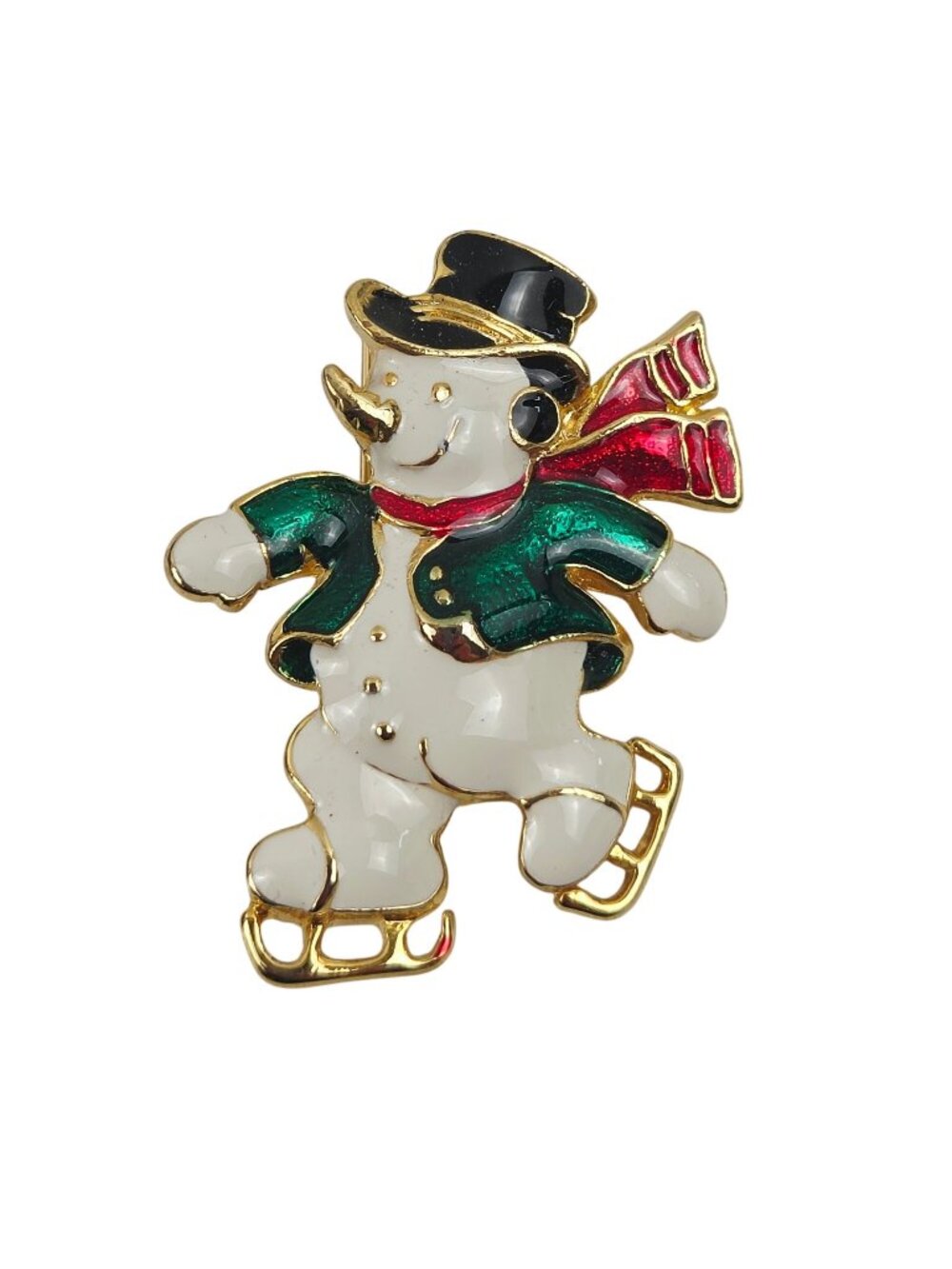 SFJ Ice Skating Snowman Pin Enamel Gold Tone Christmas Brooch Signed Holiday